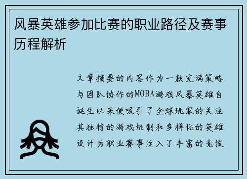 风暴英雄参加比赛的职业路径及赛事历程解析