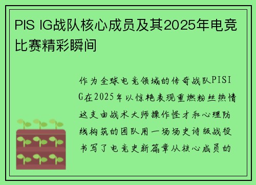 PIS IG战队核心成员及其2025年电竞比赛精彩瞬间