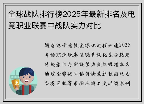 全球战队排行榜2025年最新排名及电竞职业联赛中战队实力对比